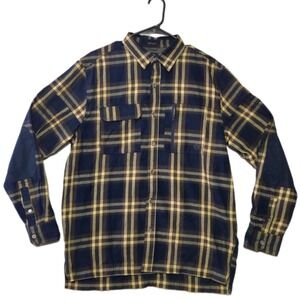 Wrangler ATG Mens Button Down Shirt Medium Navy Blue Tan Plaid Reinforced Elbows